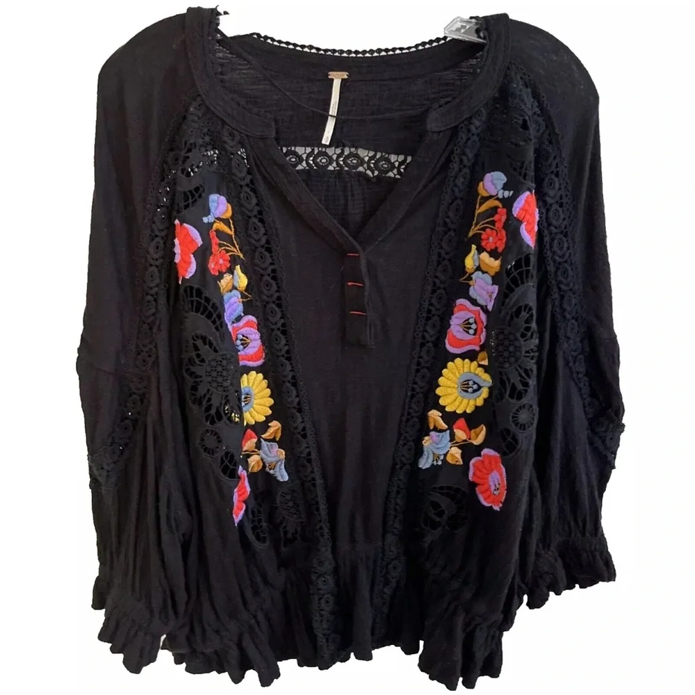 Free People Black Ruffled Embellished Long Sleeve Blouse - Picture 15 of 15